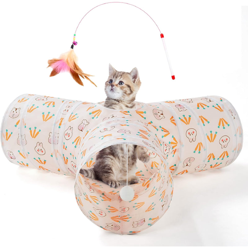 3 Way Collapsible Cat Tunnel Toy With Peek Hole And Ball-Paw Print Pad