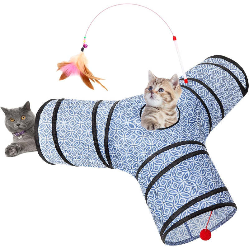 3 Way Collapsible Cat Tunnel Toy With Peek Hole And Ball-Paw Print Pad