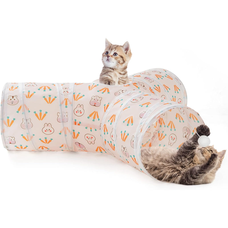 3 Way Collapsible Cat Tunnel Toy With Peek Hole And Ball-Paw Print Pad