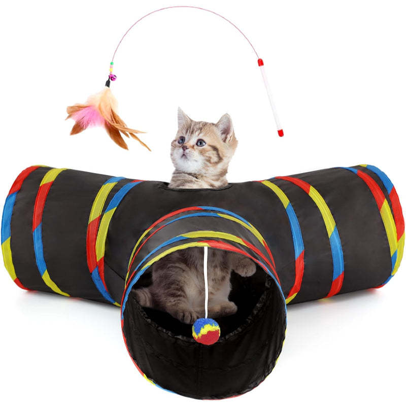 3 Way Collapsible Cat Tunnel Toy With Peek Hole And Ball-Paw Print Pad