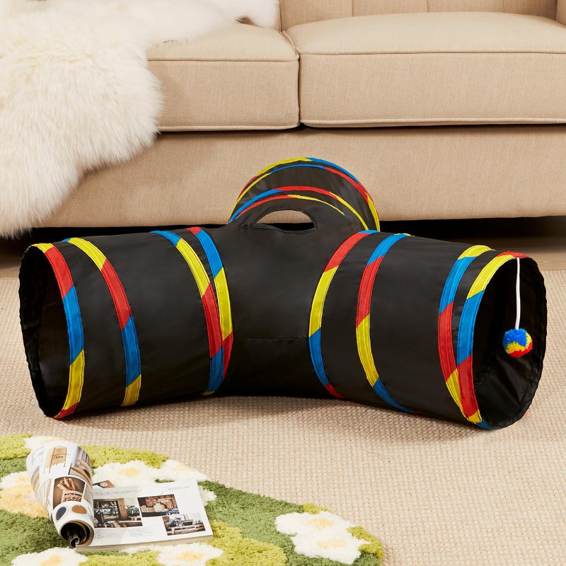 3 Way Collapsible Cat Tunnel Toy With Peek Hole And Ball-Paw Print Pad