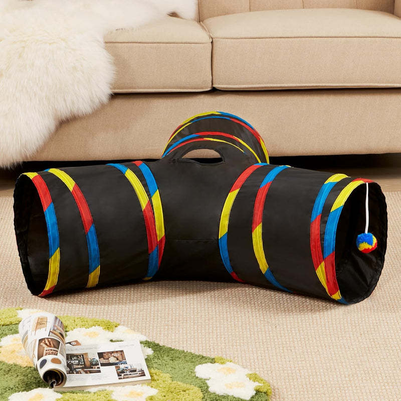 3 Way Collapsible Cat Tunnel Toy With Peek Hole And Ball-Paw Print Pad