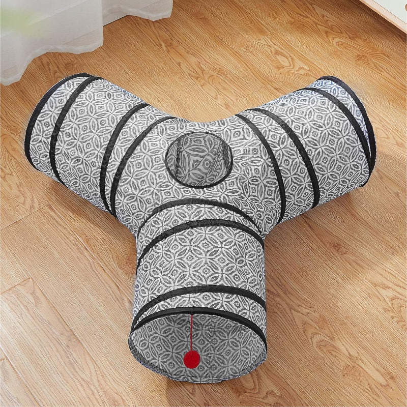 3 Way Collapsible Cat Tunnel Toy With Peek Hole And Ball-Paw Print Pad