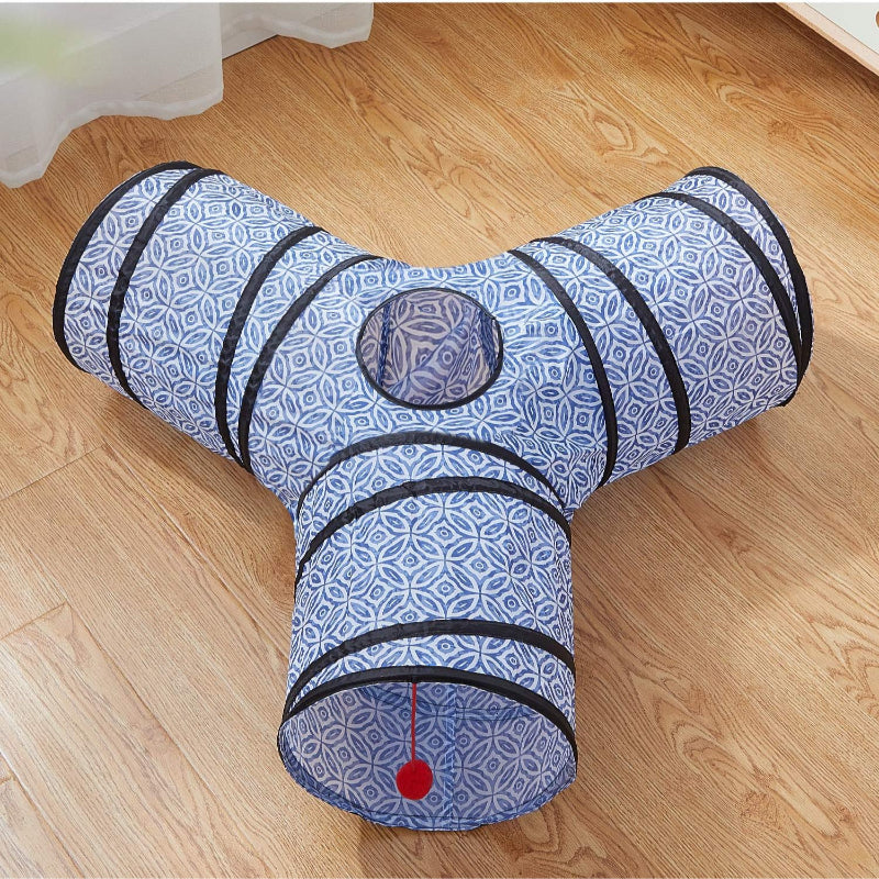 3 Way Collapsible Cat Tunnel Toy With Peek Hole And Ball-Paw Print Pad