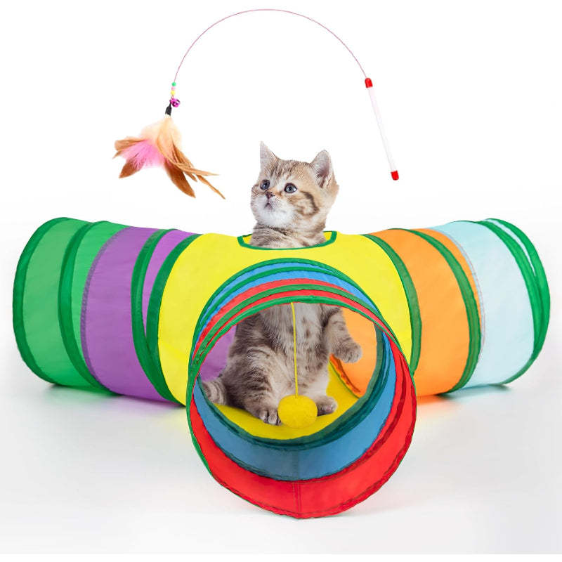 3 Way Collapsible Cat Tunnel Toy With Peek Hole And Ball-Paw Print Pad