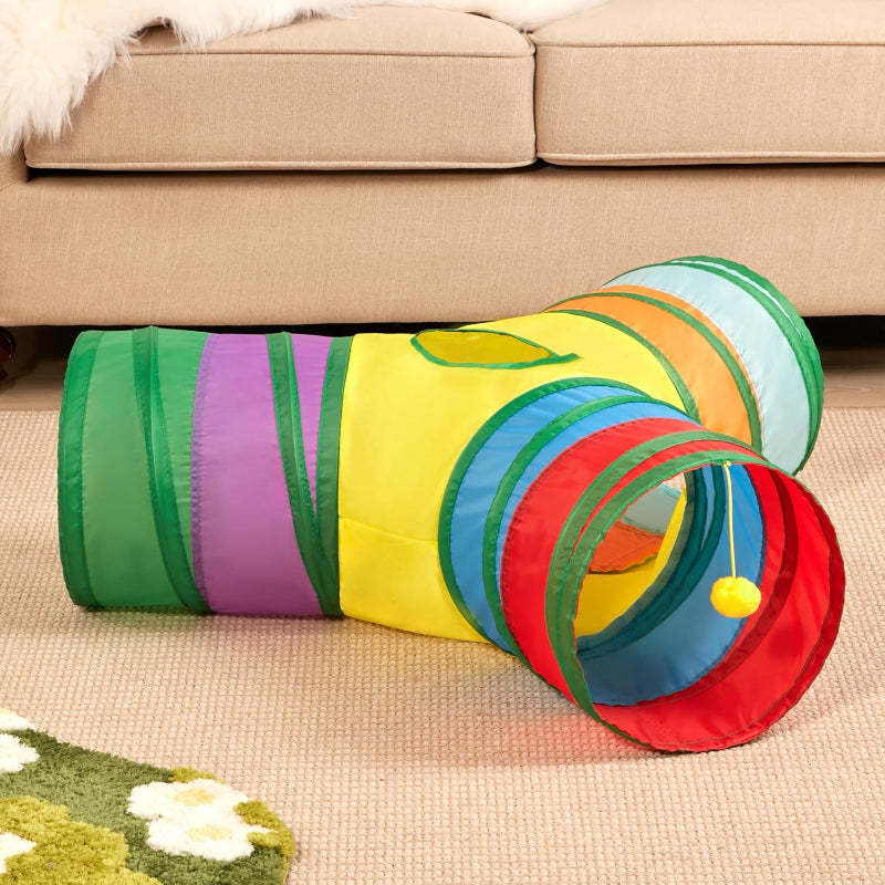 3 Way Collapsible Cat Tunnel Toy With Peek Hole And Ball-Paw Print Pad