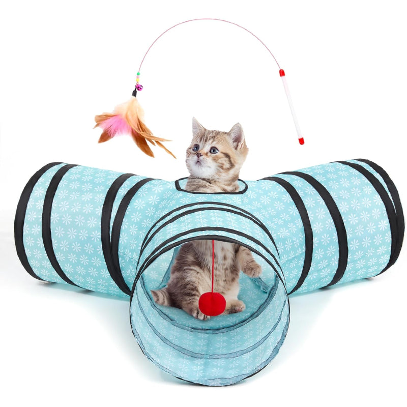 3 Way Collapsible Cat Tunnel Toy With Peek Hole And Ball-Paw Print Pad