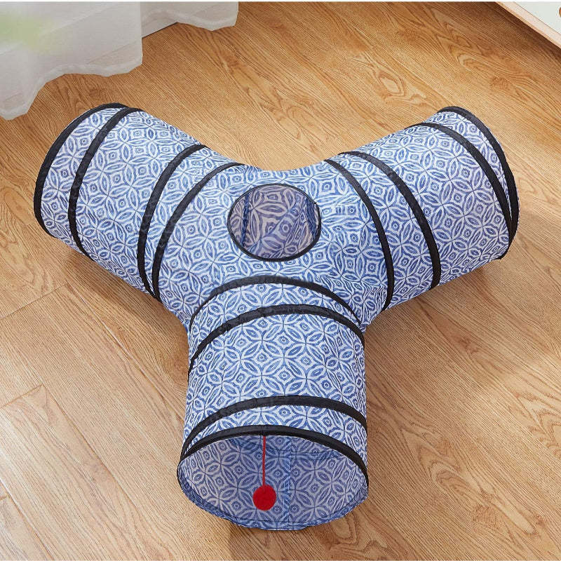 3 Way Collapsible Cat Tunnel Toy With Peek Hole And Ball-Paw Print Pad