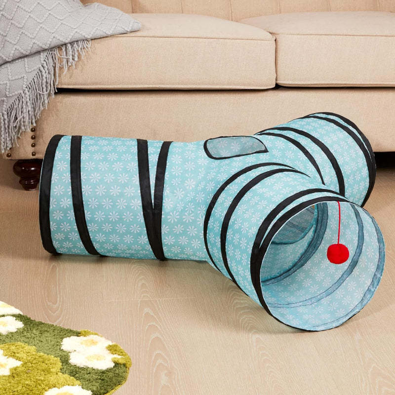 3 Way Collapsible Cat Tunnel Toy With Peek Hole And Ball-Paw Print Pad