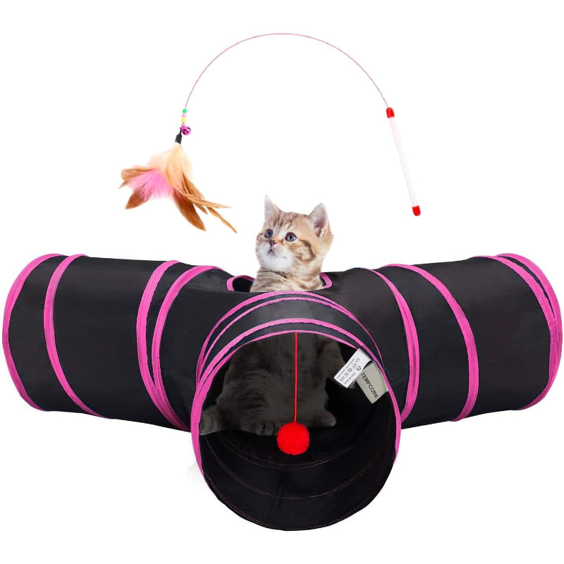 3 Way Collapsible Cat Tunnel Toy With Peek Hole And Ball-Paw Print Pad