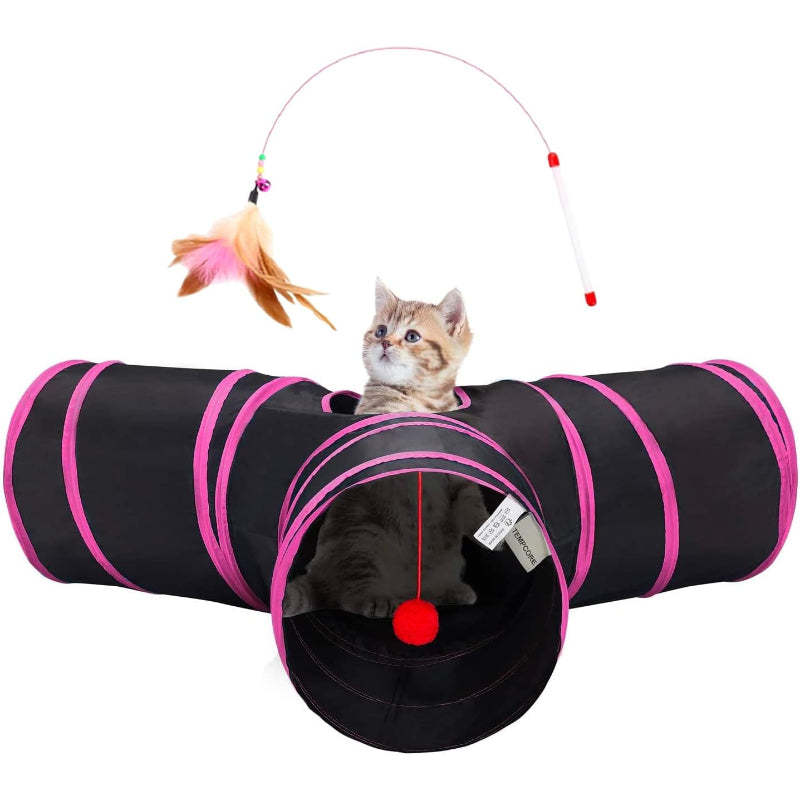 3 Way Collapsible Cat Tunnel Toy With Peek Hole And Ball-Paw Print Pad