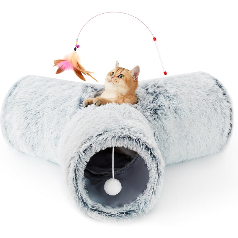 3 Way Collapsible Cat Tunnel Toy With Peek Hole And Ball-Paw Print Pad