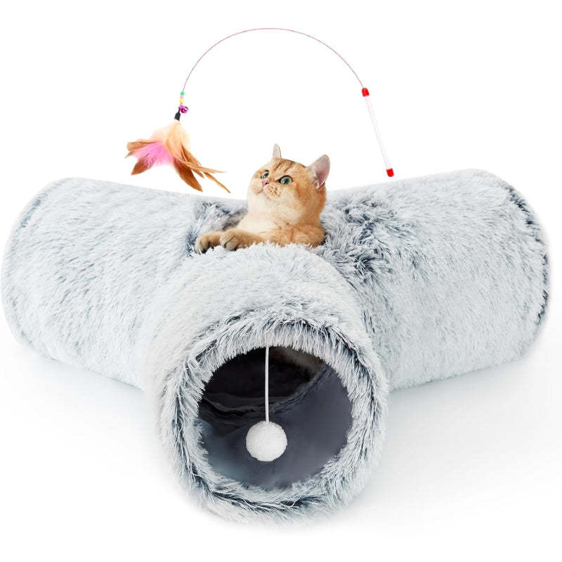 3 Way Collapsible Cat Tunnel Toy With Peek Hole And Ball-Paw Print Pad