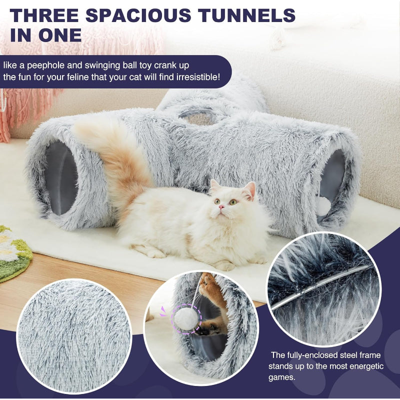 3 Way Collapsible Cat Tunnel Toy With Peek Hole And Ball-Paw Print Pad