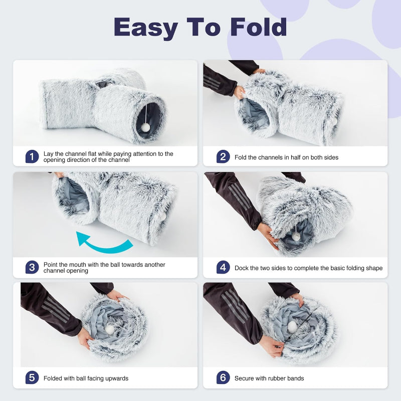 3 Way Collapsible Cat Tunnel Toy With Peek Hole And Ball-Paw Print Pad