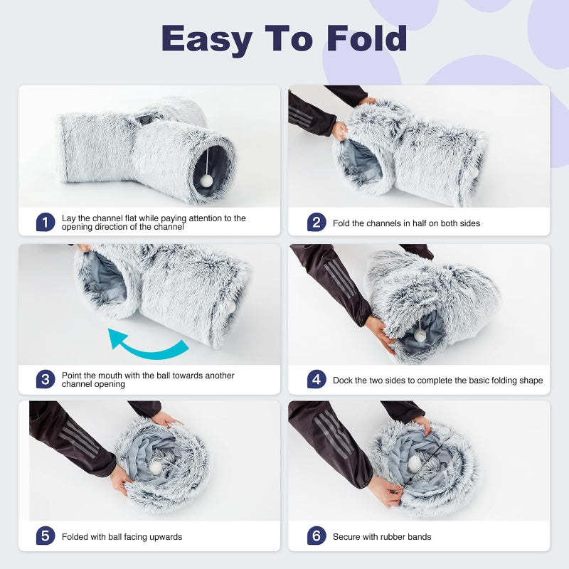 3 Way Collapsible Cat Tunnel Toy With Peek Hole And Ball-Paw Print Pad