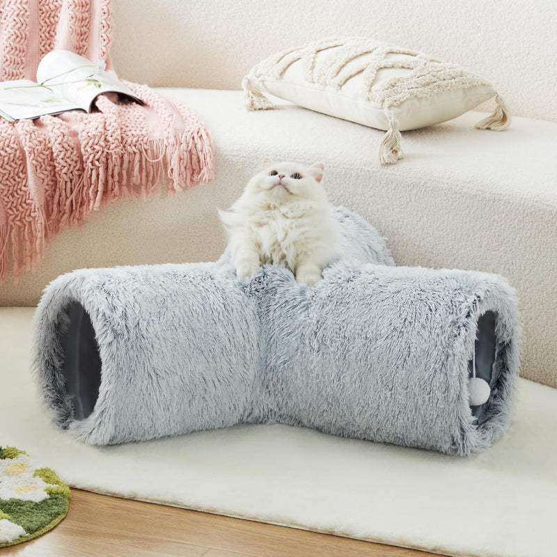 3 Way Collapsible Cat Tunnel Toy With Peek Hole And Ball-Paw Print Pad