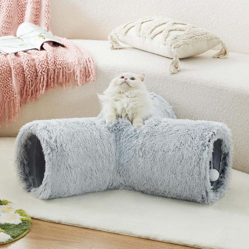 3 Way Collapsible Cat Tunnel Toy With Peek Hole And Ball-Paw Print Pad