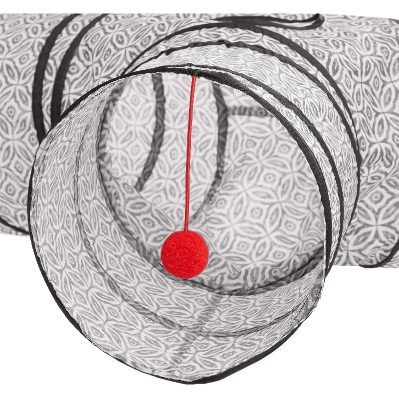 3 Way Collapsible Cat Tunnel Toy With Peek Hole And Ball-Paw Print Pad