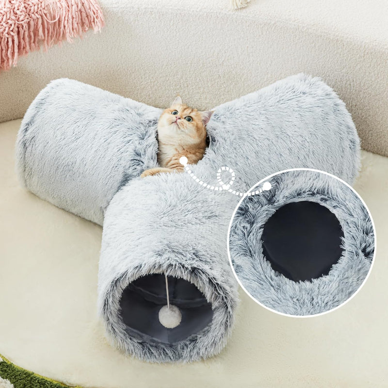 3 Way Collapsible Cat Tunnel Toy With Peek Hole And Ball-Paw Print Pad