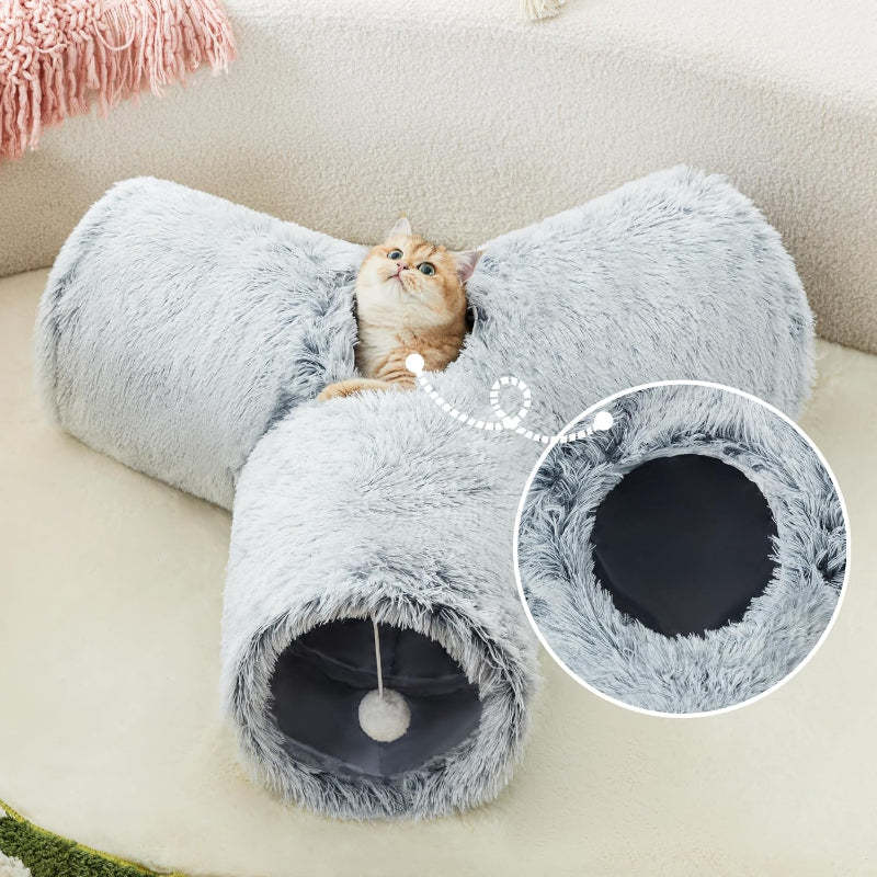 3 Way Collapsible Cat Tunnel Toy With Peek Hole And Ball-Paw Print Pad