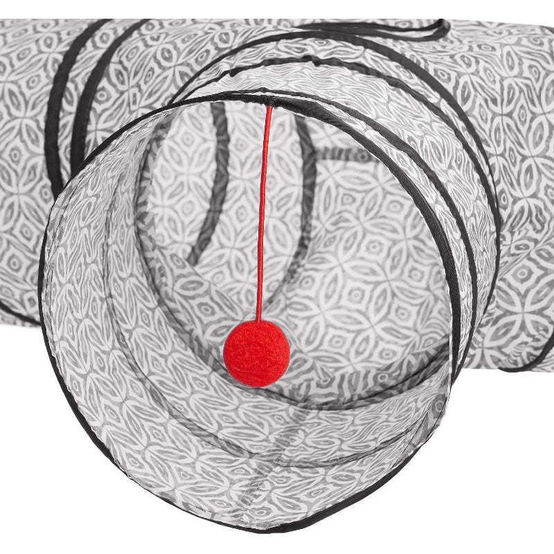 3 Way Collapsible Cat Tunnel Toy With Peek Hole And Ball-Paw Print Pad