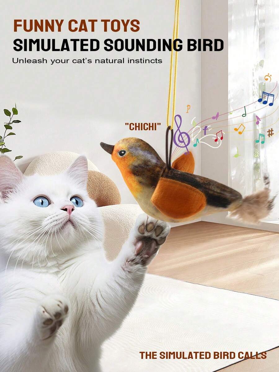 1 PC/2pcs/3pcs Cat Toy - Realistic Chirping Small Bird, Self-Entertained To Relieve Boredom,Interactive Cat Toys Hanging Squeaky Simulation Bird Plush Cats Pets Teasing Toys With Artificial Feathers Kitten Chirping Bird Toy,There Is A Discrepancy Between The Color And Length Of The Feathers, - Multicolor - View 5
