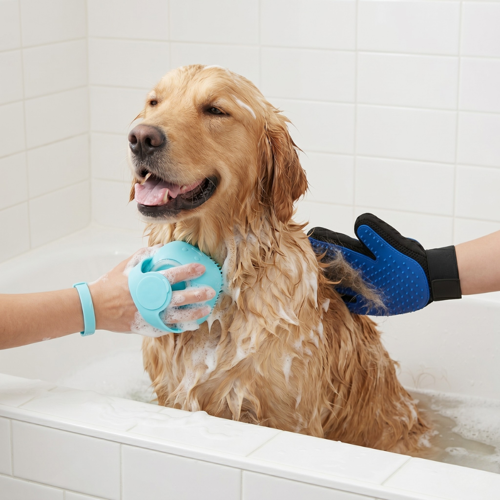 Massage Pet Bath Brush With Shampoo Storage For Dogs And Cats