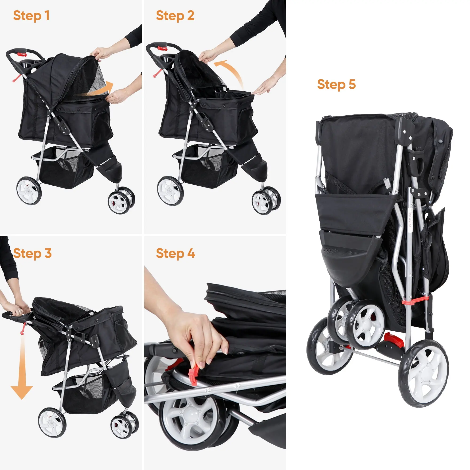 Segawe Foldable 3-Wheel Pet Stroller - Durable Metal-Frame Outdoor Travel Carrier for Dogs & Cats, Zippered Fabric Design with Storage Basket, 21.3 in x 13 in x 20.9 in Stable Structure, 33 Lbs
