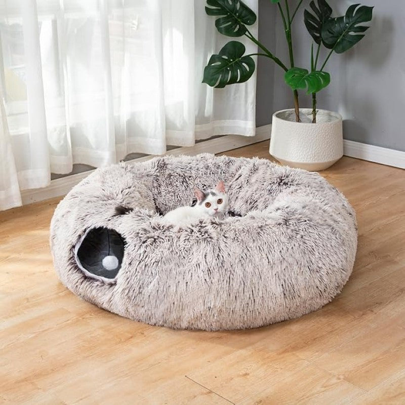 Round Plush Pet Bed With Tunnel Hideout-Paw Print Pad