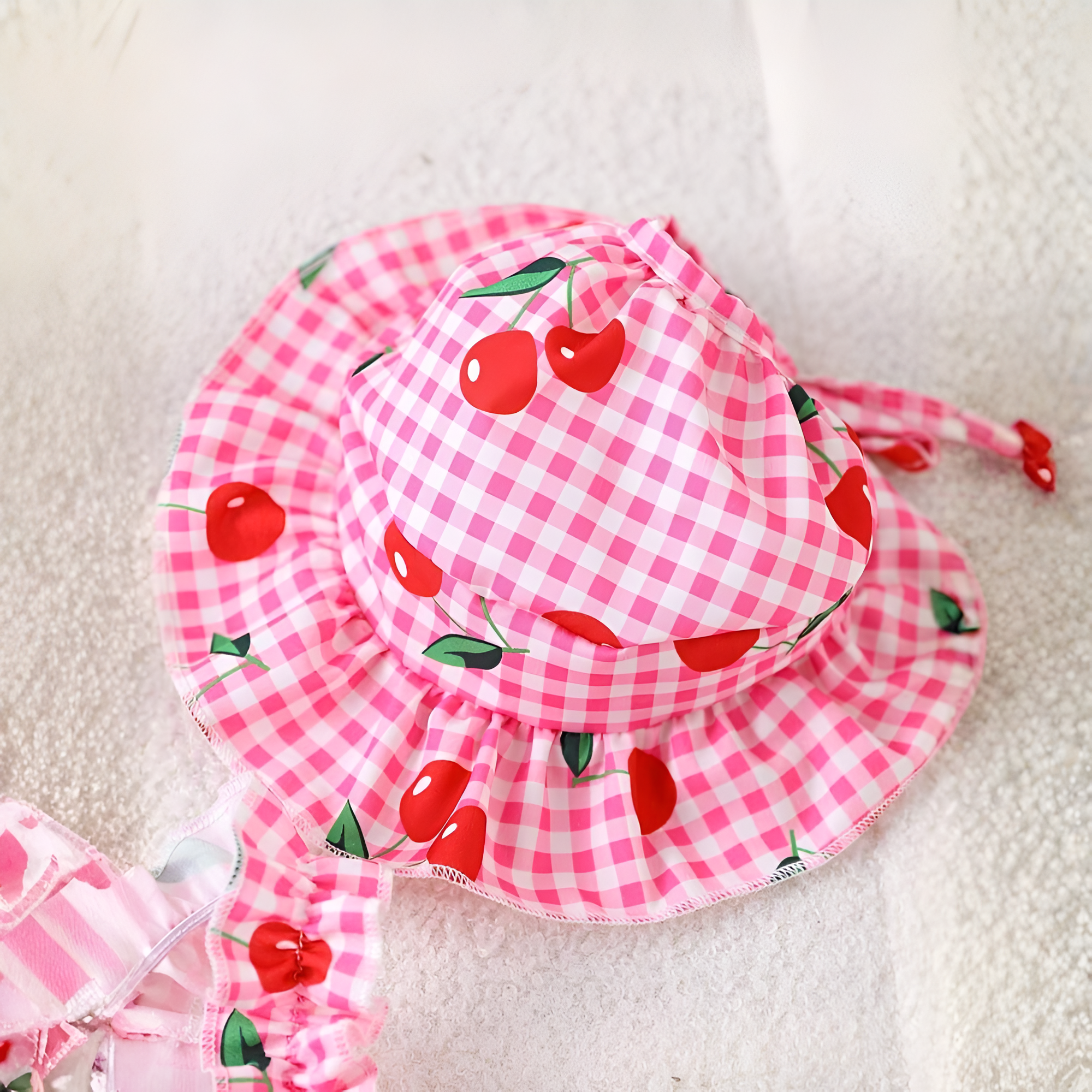 Cherry Print Plaid Pet Dress With Matching Cap For Dogs And Cats