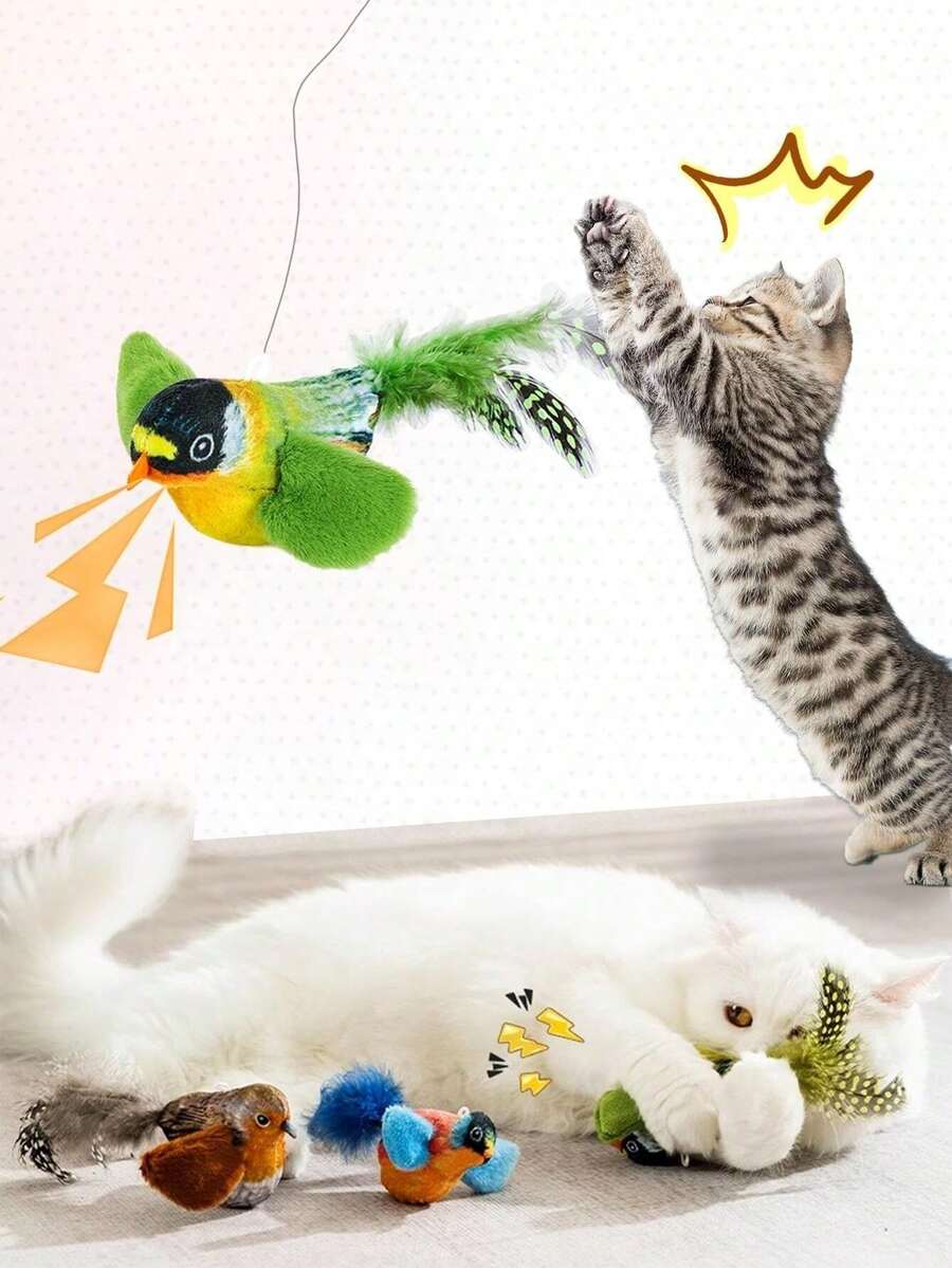 1 PC/2pcs/3pcs Cat Toy - Realistic Chirping Small Bird, Self-Entertained To Relieve Boredom,Interactive Cat Toys Hanging Squeaky Simulation Bird Plush Cats Pets Teasing Toys With Artificial Feathers Kitten Chirping Bird Toy,There Is A Discrepancy Between The Color And Length Of The Feathers, - Multicolor - View 7