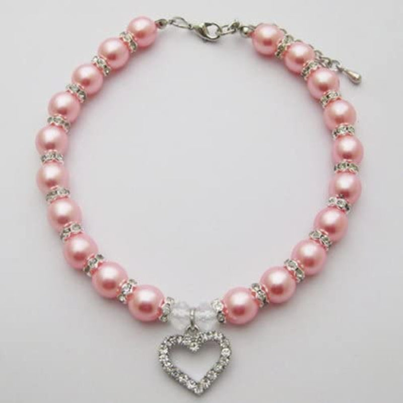 Engraved Crystal Heart Dog Necklace Jewelry With Bling Pearls Rhinestones-Paw Print Pad