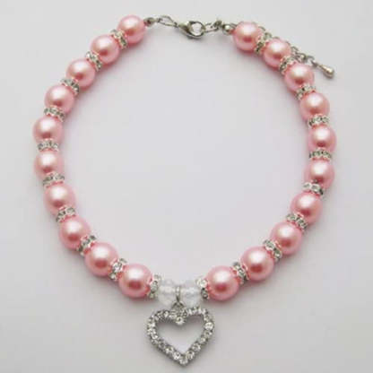 Engraved Crystal Heart Dog Necklace Jewelry With Bling Pearls Rhinestones-Paw Print Pad