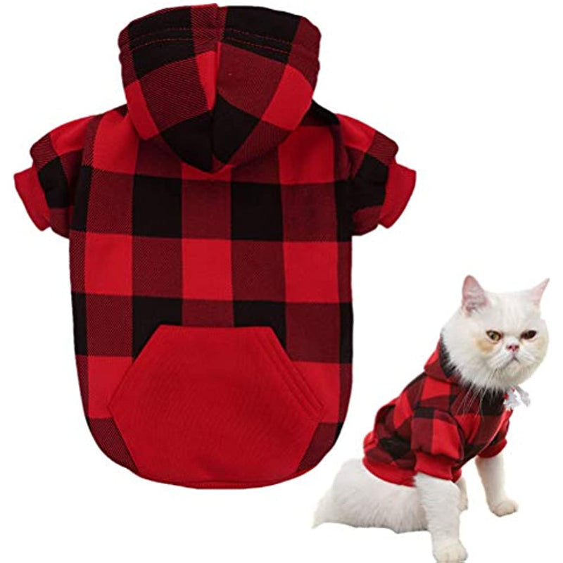 Plaid Dog Hoodie Pet Clothes Sweaters With Hat-Paw Print Pad
