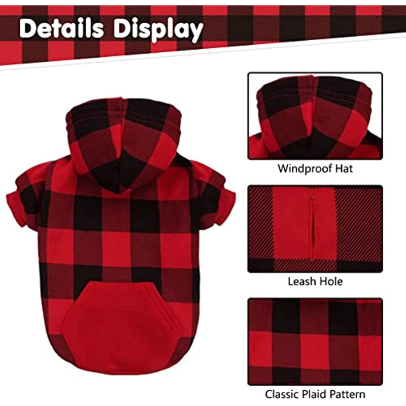 Plaid Dog Hoodie Pet Clothes Sweaters With Hat-Paw Print Pad