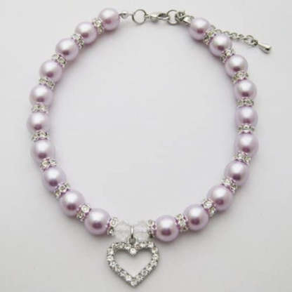 Engraved Crystal Heart Dog Necklace Jewelry With Bling Pearls Rhinestones-Paw Print Pad