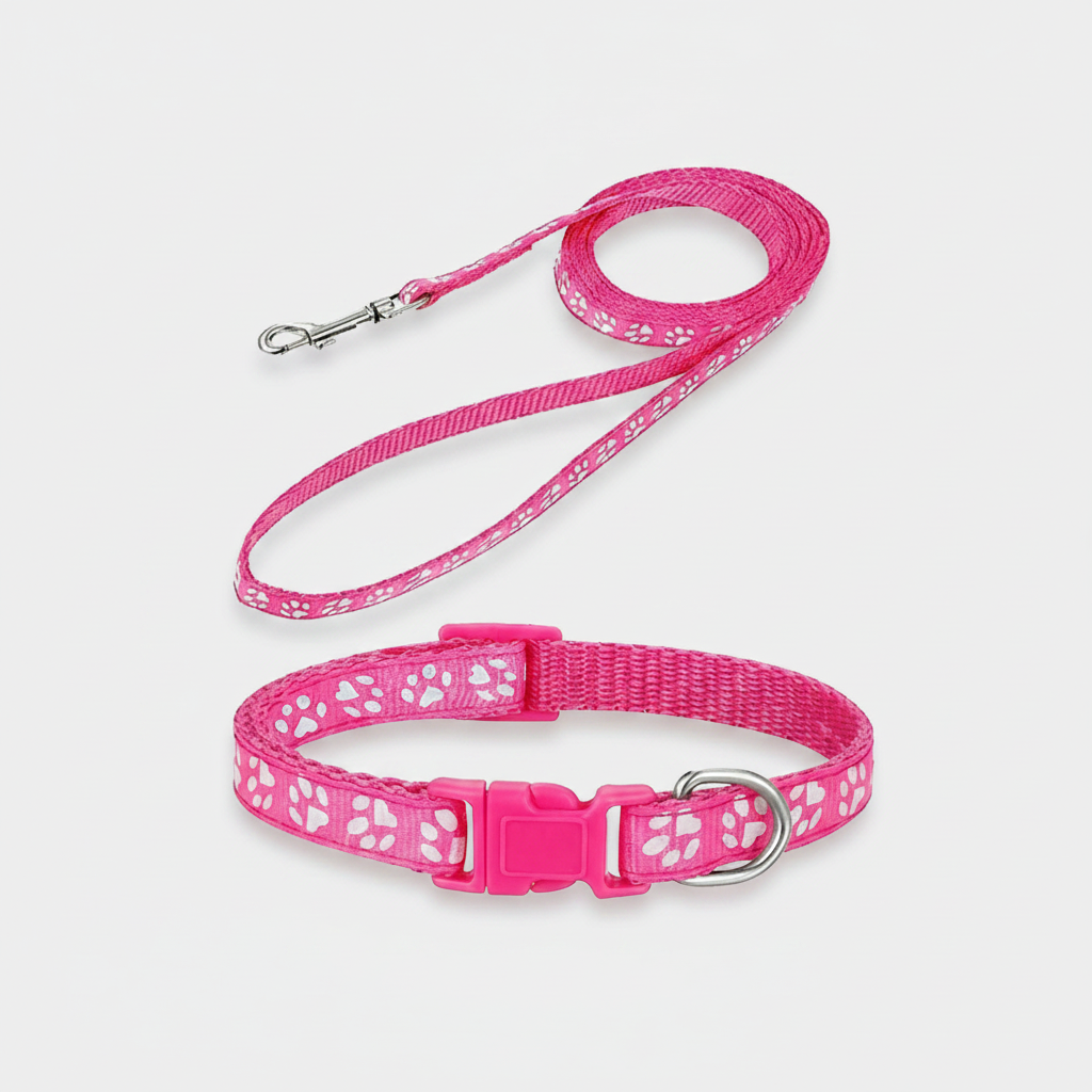 Adjustable Paw Print Pet Collar And Leash Set With Bell