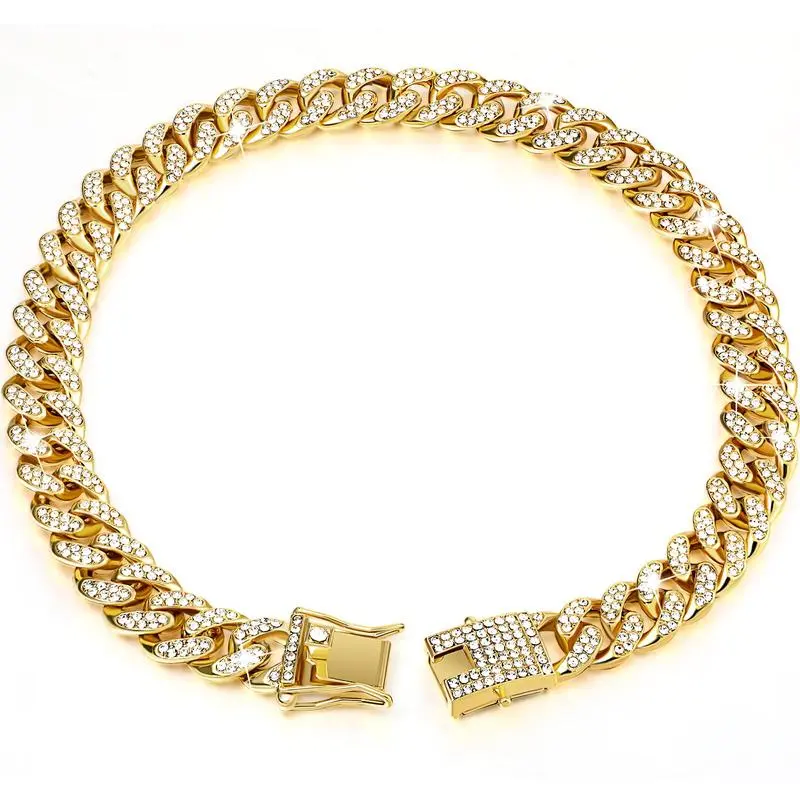 Rhinestone Cuban Chain Dog Collar With Full Buckle Design For Pets