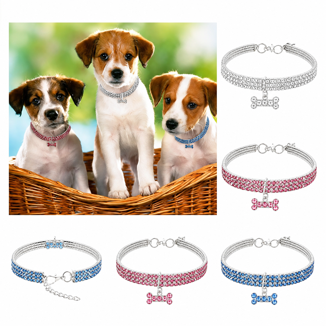Elastic Rhinestone Pet Collar With Three Row Crystal Design