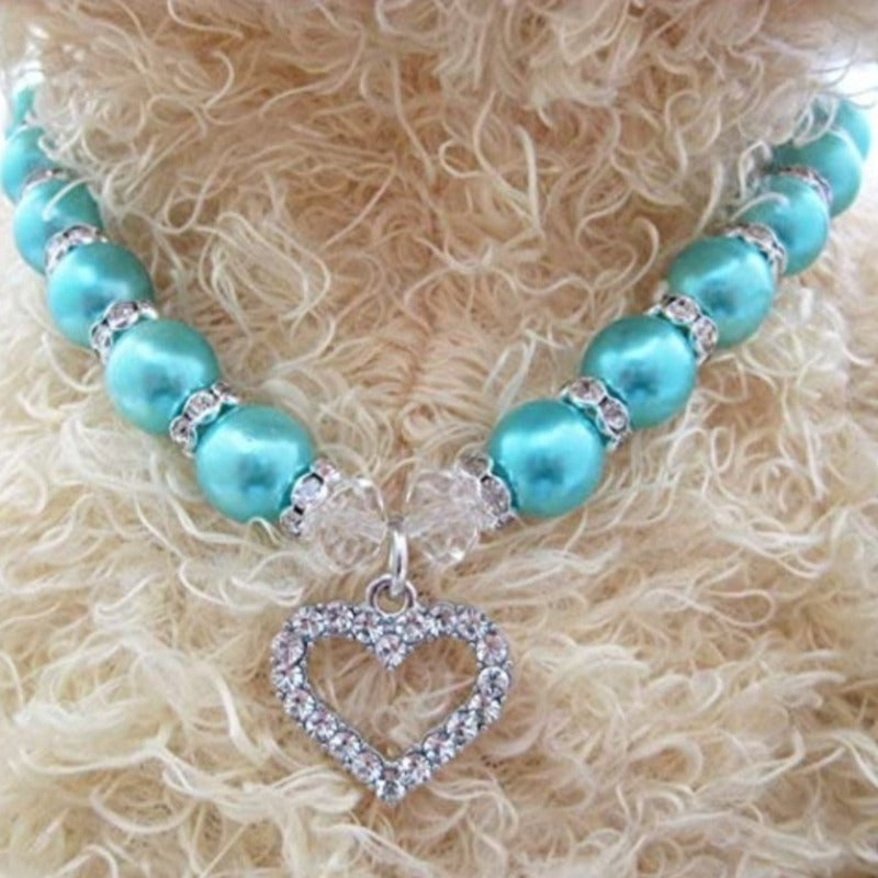 Engraved Crystal Heart Dog Necklace Jewelry With Bling Pearls Rhinestones-Paw Print Pad