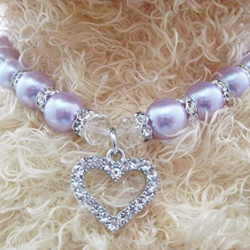 Engraved Crystal Heart Dog Necklace Jewelry With Bling Pearls Rhinestones-Paw Print Pad