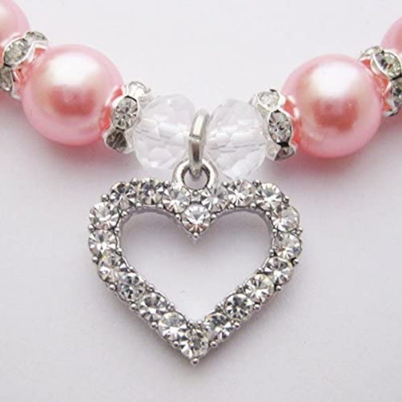 Engraved Crystal Heart Dog Necklace Jewelry With Bling Pearls Rhinestones-Paw Print Pad