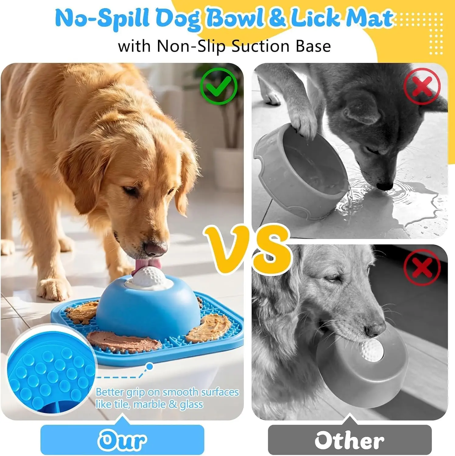 Slow Feeder Dog Bowls & Lick Mat for Liquid and Thick Treat, Anti-Slip Dog Lick Bowl with Interactive Rolling Ball, 5/6 Cup Pup Licking Toy for Large Medium Small Dogs and Cats Blue