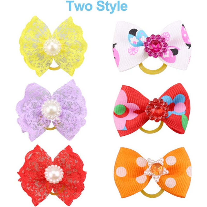 Dog Puppy Hair Bows with Rubber Bands & Rhinestone Pearls & Handmade Lace Fabric, Pet Small Dog Hair Bowknot Grooming Accessories-Paw Print Pad