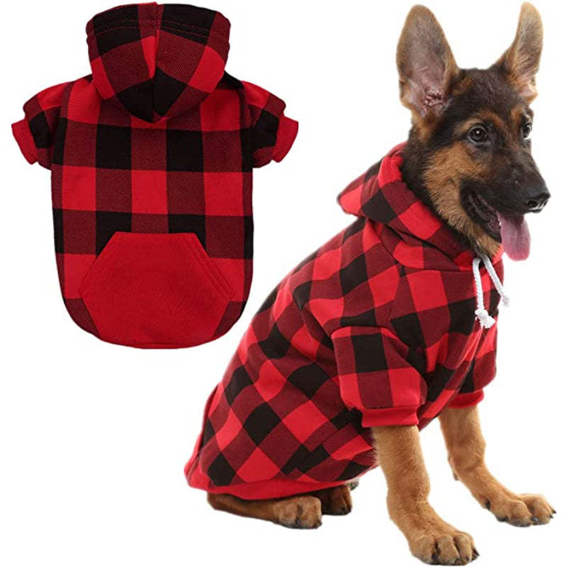 Plaid Dog Hoodie Pet Clothes Sweaters With Hat-Paw Print Pad