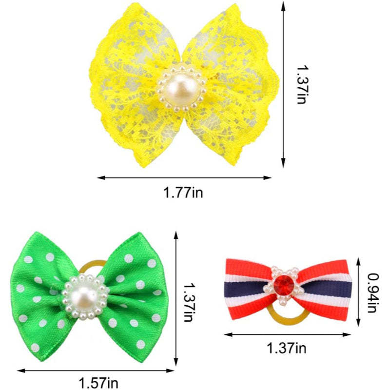 Dog Puppy Hair Bows with Rubber Bands & Rhinestone Pearls & Handmade Lace Fabric, Pet Small Dog Hair Bowknot Grooming Accessories-Paw Print Pad