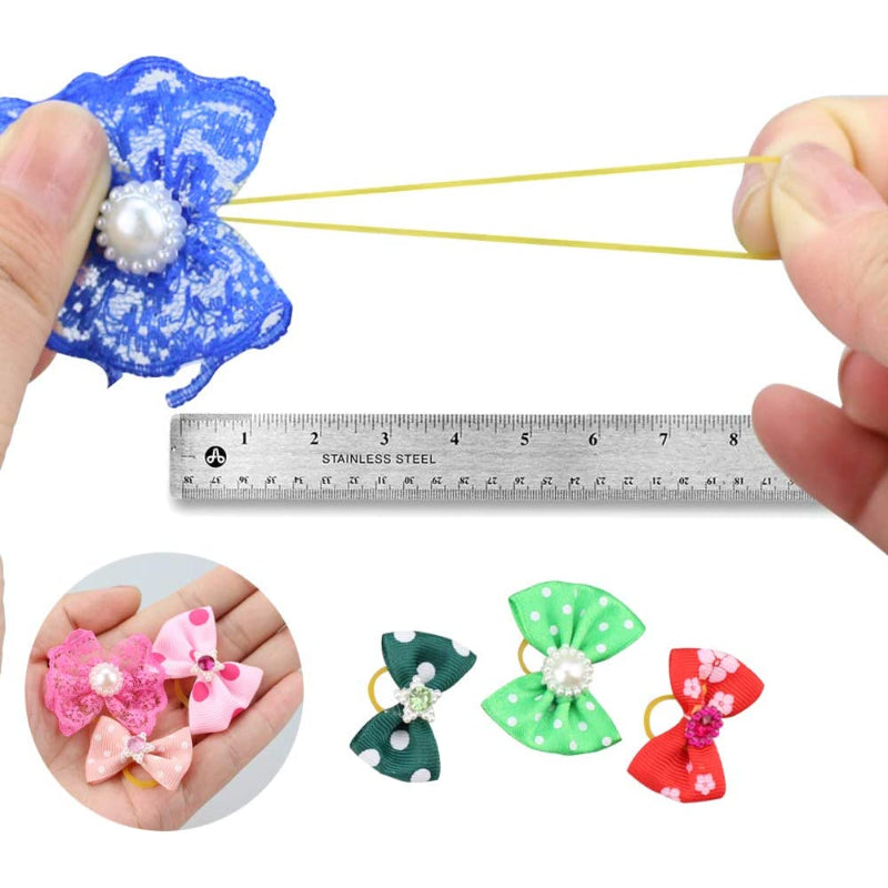 Dog Puppy Hair Bows with Rubber Bands & Rhinestone Pearls & Handmade Lace Fabric, Pet Small Dog Hair Bowknot Grooming Accessories-Paw Print Pad