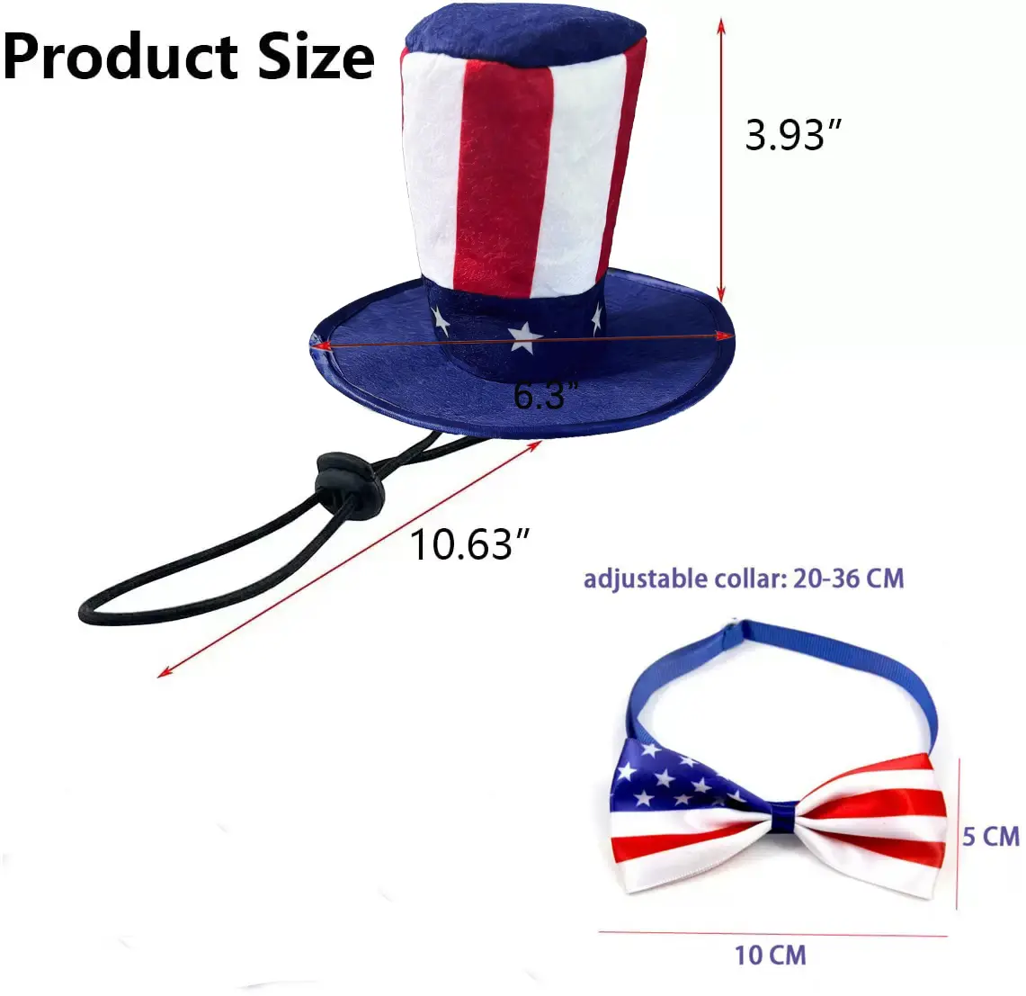 Patriotic Dog & Cat Accessories Uncle Sam Hat-Bow Tie Set, Adjustable 4th of July USA Flag Outfit, Cute Pet Photo Prop for Independence Day, Memorial Day Parties