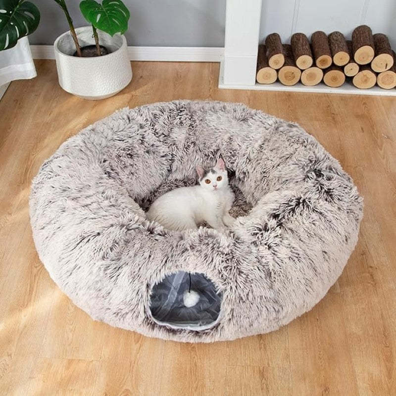 Round Plush Pet Bed With Tunnel Hideout-Paw Print Pad
